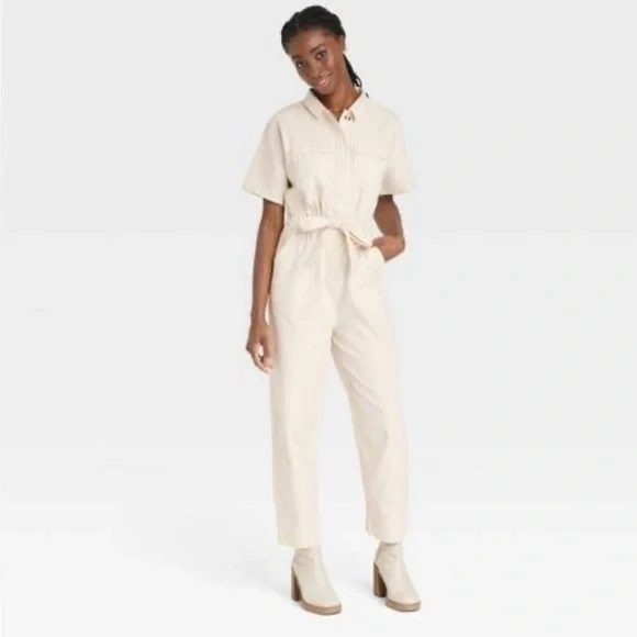 Universal Thread Women's Short Sleeve Linen Boilersuit Casual Jumpsuit Size 8 - Picture 4 of 16